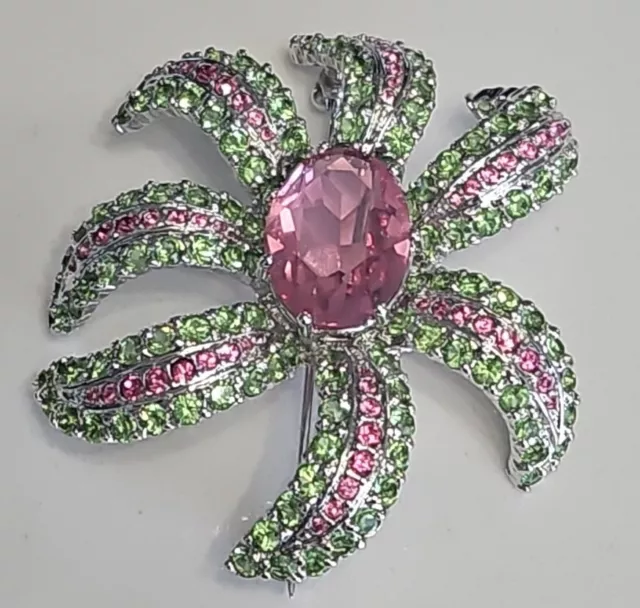 RARE Vintage KJL Kenneth Jay Lane Pink & Green Crystal Flower Brooch