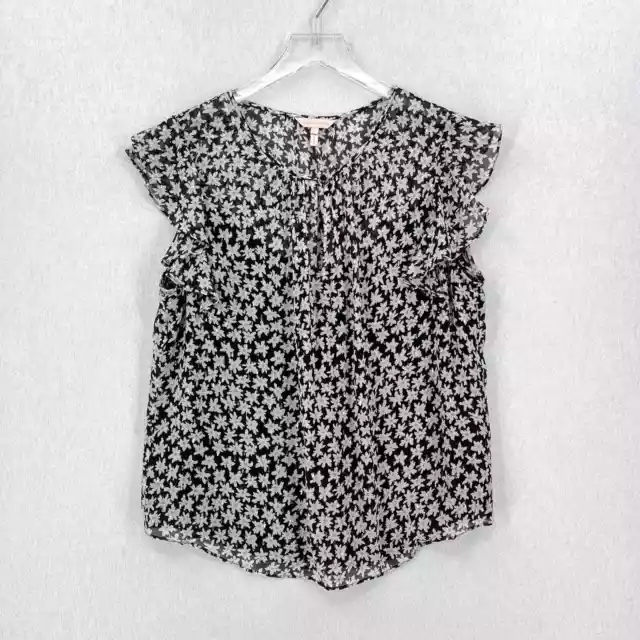 REBECCA TAYLOR Silk Floral Print Top Womens XL Black White Sleeveless Blouse