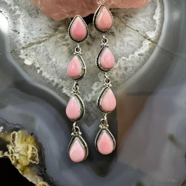 Native American Sterling Silver 4 Teardrop Pink Conch Shell Dangle Post Earrings