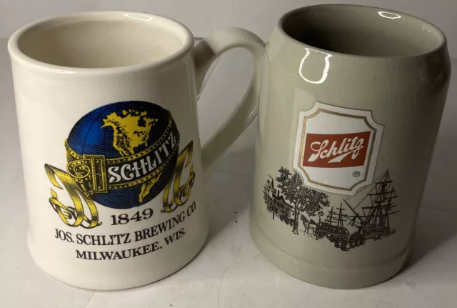 Lot of 2 Vintage Schlitz Ceramic Beer Stein Mugs~U.S.A.