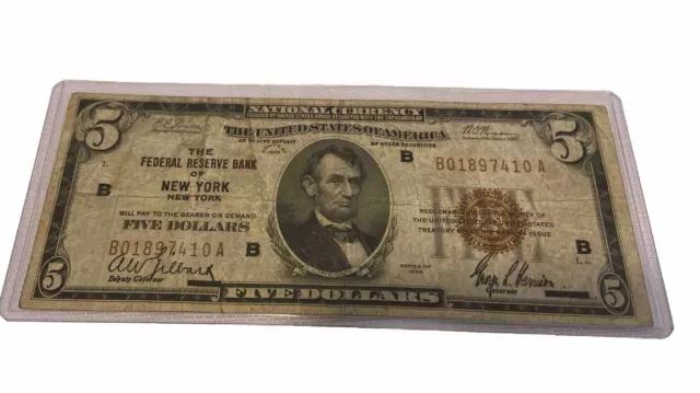 👀 RARE 1929 $5 Federal Reserve Bank Note, New York, NY Circulated