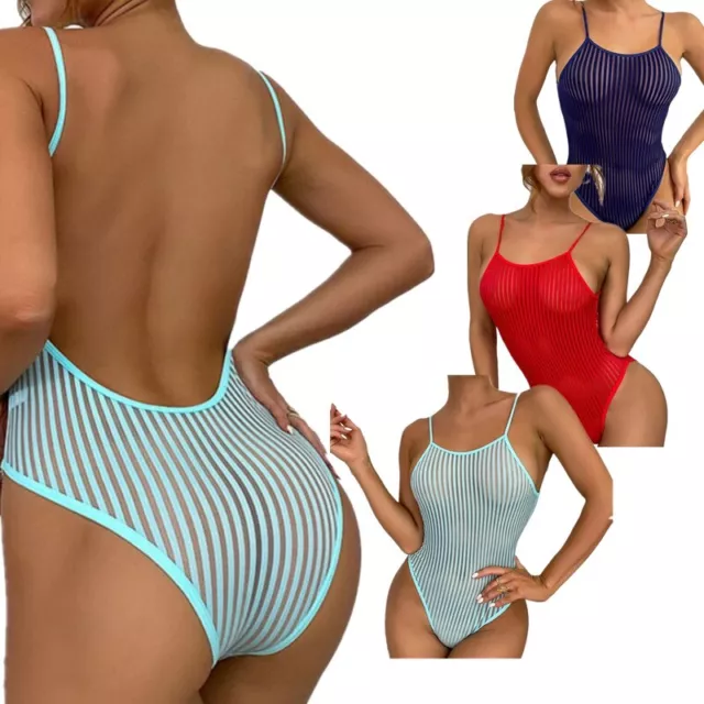 WOMENS SEXY ONE Piece Swim See Through Mesh Bodysuit Backless High
