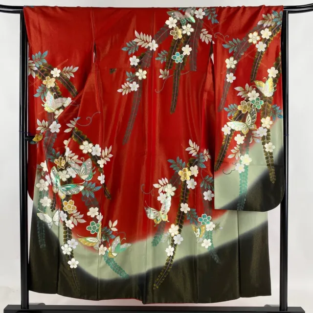 Japanese Silk Kimono Vintage Furisode Gold Cherry Blossom Butterfly Red 60"