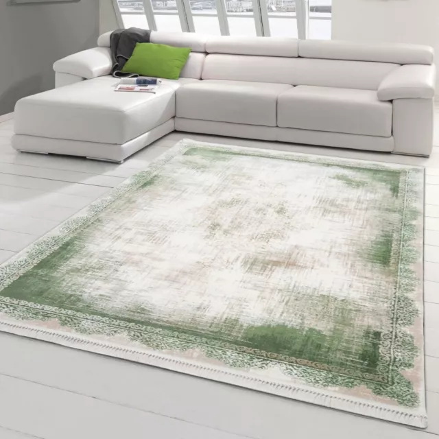 Tapis en Laine oriental abstrait avec Franges - pour Salon - vert