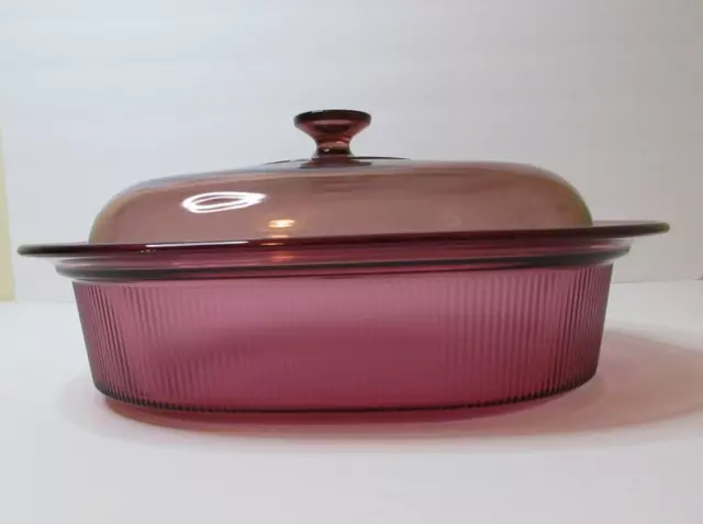 Vtg Corning Ware Visions Cranberry V-34-B Ribbed Roaster Casserole Pan 4QT Oval