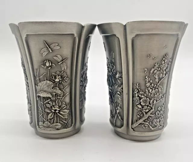 2x Royal Selangor Pewter Four Seasons Small Vase Tumbler Beaker 9cm High      L3 2