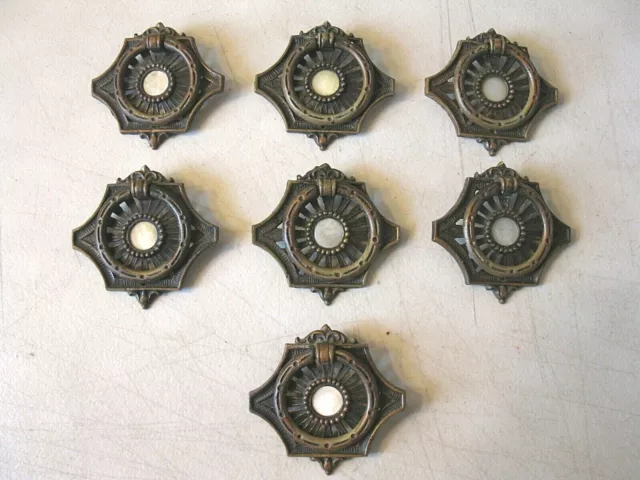 (7) Antique Solid Brass Drawer Pulls / Handles W/ Inlays -- Screws Included