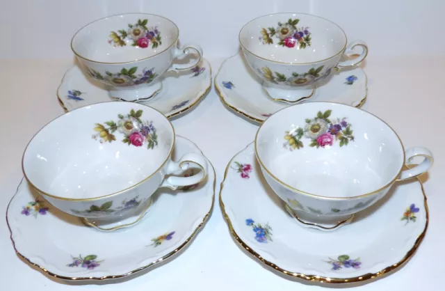 Set Of 4 Mitterteich Bavaria Germany Meissen Floral Footed Cups & Saucers