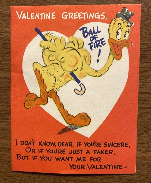 Vintage 1940s Valentines Day Greeting Card Ostrich w/ Cane Feather 3D Body P1C