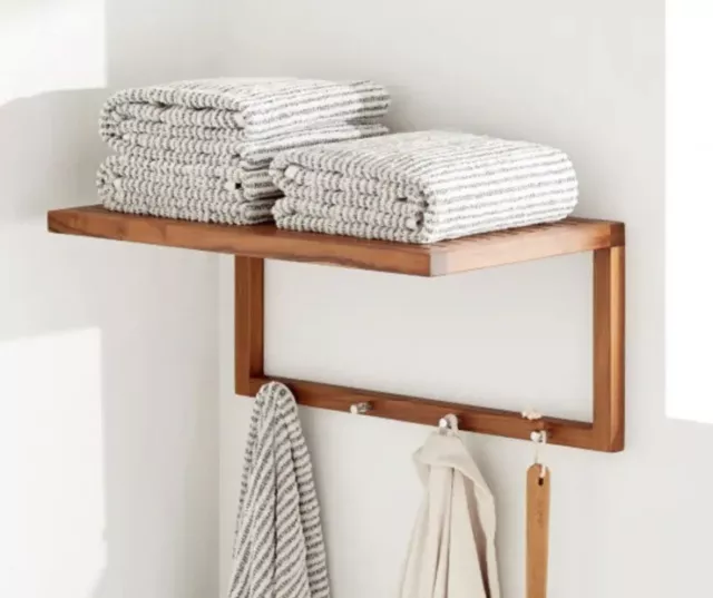 Signature Hardware KIrana Teak Towel Rack w/ Hooks, Natural Teak Finish,15"x27"