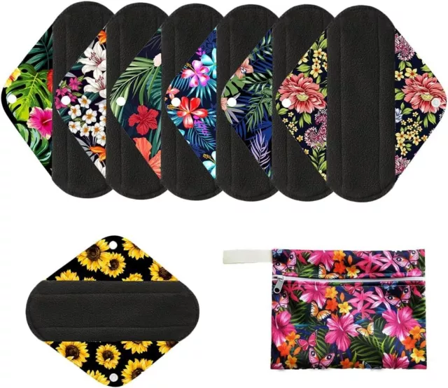 7Pcs Sanitary Pads Reusable Washable Charcoal Cloth Menstrual Pads with Wet