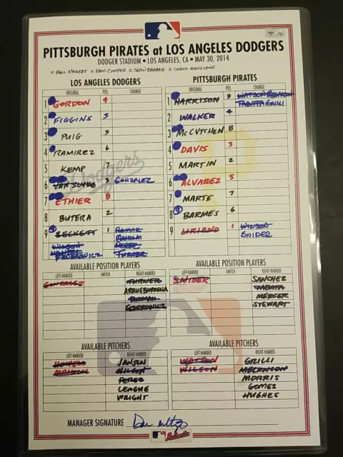 Los Angeles Dodgers Game used Lineup Card Pittsburgh Pirates 05/30/2014 MLB COA