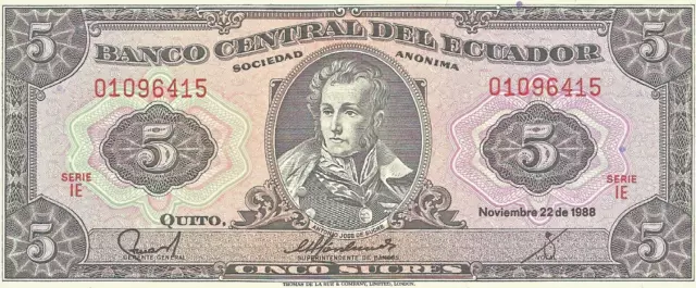 BANCO CENTRAL DEL ECUADOR Cinco Sucres 1988 UNC, Banknote # 9