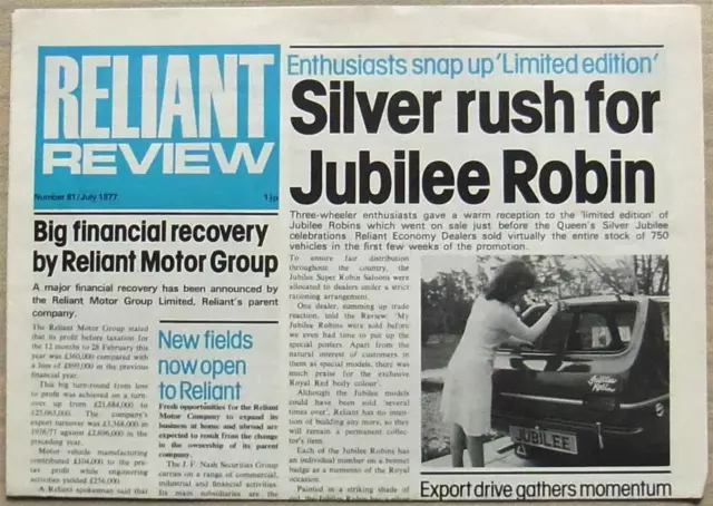 RELIANT REVIEW NEWSPAPER July 1977 No 81 KITTEN Jubilee Robin