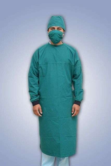 Reusable Cotton Surgical Gown Green For Hospital , Medical Set Of 3 Size-Small