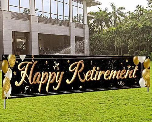 Large Happy Retirement Banner Gold Reitirement Party Yard Sign Celebrate Reti...