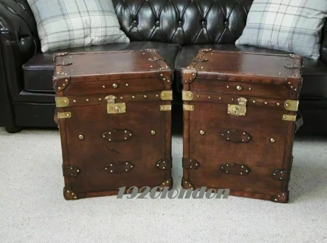 Pair Of Finest English Trunk Leather Antique Inspired Side Table Trunks Amazing