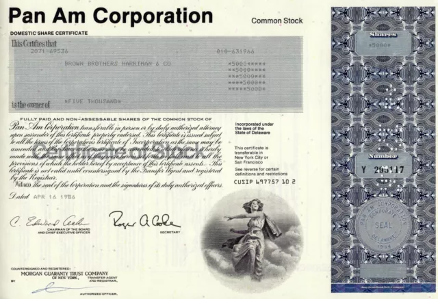 Pan Am Corporation, Domestic Share Certificate, 1986 (5.000 Shares)