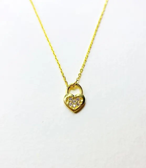 Handmade 14k Solid Gold Heart Lock Necklace with Small Zircon Gemstone