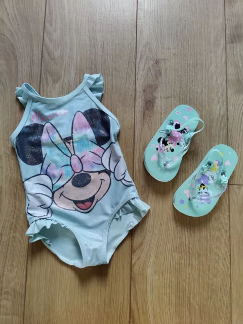 Baby girls tesco disney minnie mouse shimmer swimming costume & Flip Flops