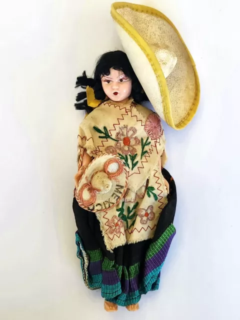 Authentic Mexican Woman Doll With Hand Woven Poncho And Sombrero 8"