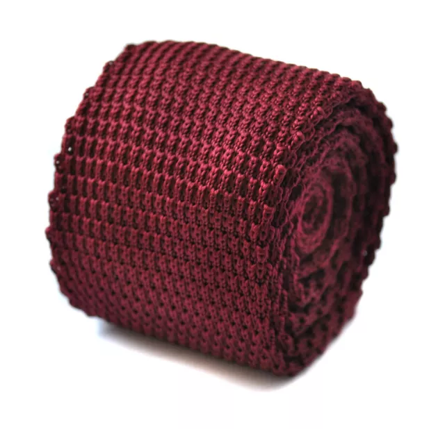 Frederick Thomas Knitted Silk Mens Tie - Burgundy Maroon - Plain Skinny Wedding