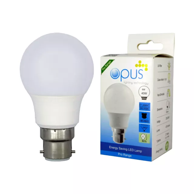 3 x Opus 6w=40w LED GLS BC B22 Bayonet Cap Light Bulbs Daylight Energy Saving