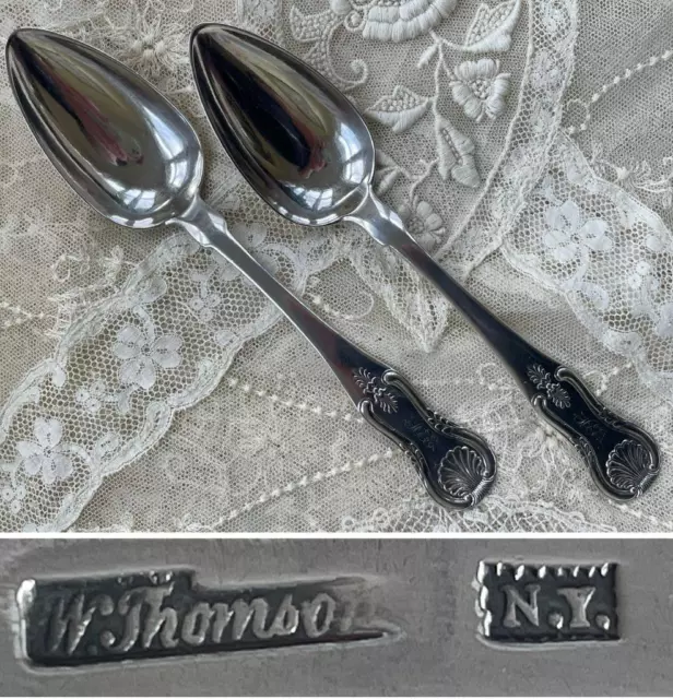 2 GREAT ANTIQUE c.1800 STERLING SILVER 9" SERVING SPOONS - WILLIAM THOMSON, NYC