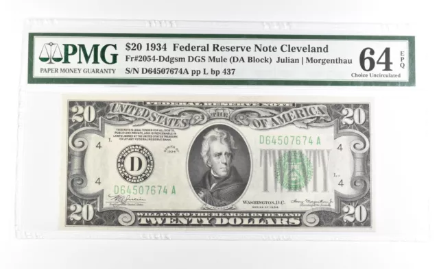 PMG64 Choice Unc EPQ 1934 $20 Cleveland OH US FRN Green Seal Fr#2054-Ddgsm *0945