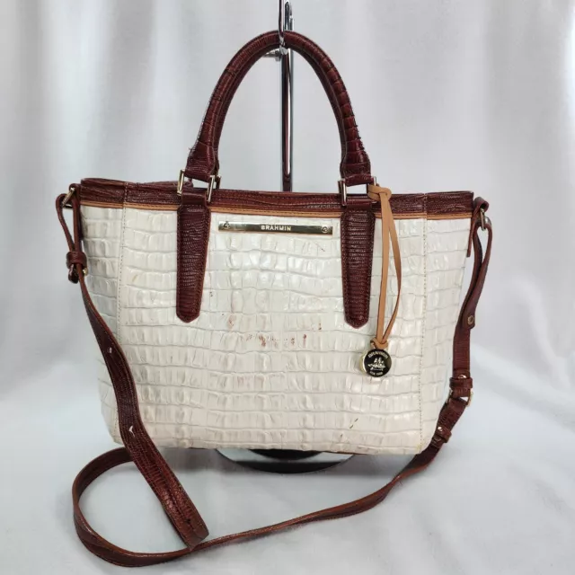 BRAHMIN Purse Off White And Brown Leather Croc Handbag Satchel Crossbody Flawed