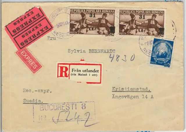 46524  -  ROMANIA -  POSTAL HISTORY : REGISTERED EXPRESS COVER to SWEDEN 1949