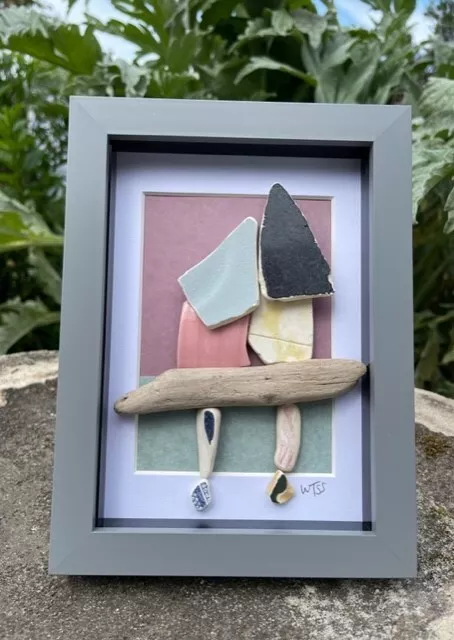 MOTHER DAUGHTER - Family - Framed Irish sea glass & pottery art ~ Vintage Gift