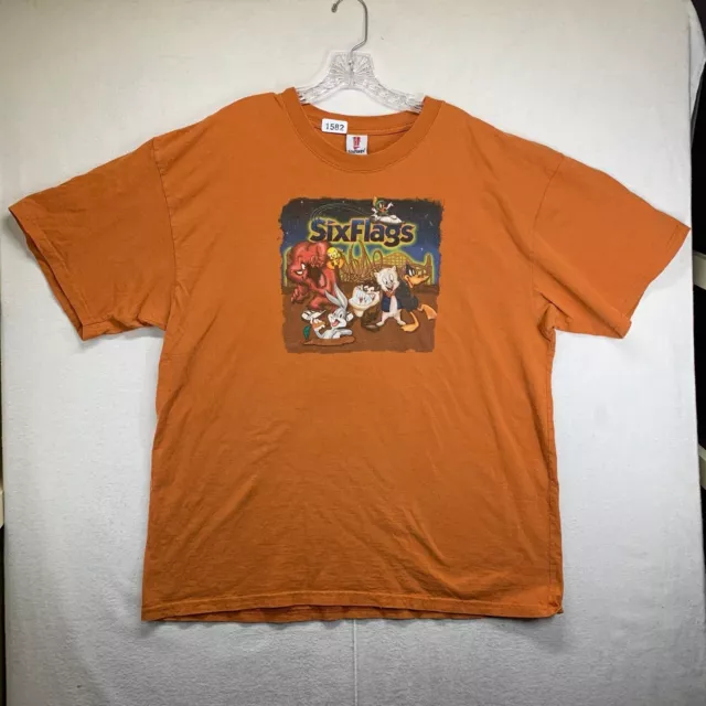 VINTAGE SIX FLAGS Looney Tunes T Shirt Mens 2XL Y2K Burnt Orange Roller ...