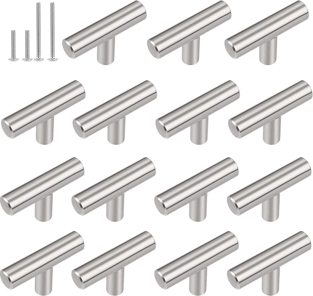 15 Pack Euro T Bar Cabinet Knobs Satin Nickel Finish Single Hole Kitchen Cupboar