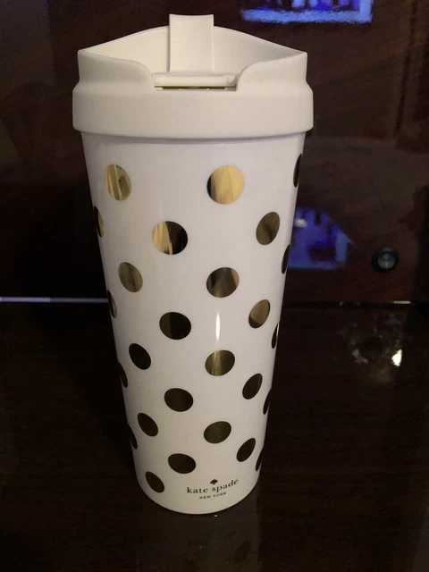 Kate Spade Gold Polka Dot Print 16Oz Thermal Travel Mug Coffee Cup Hot Cold