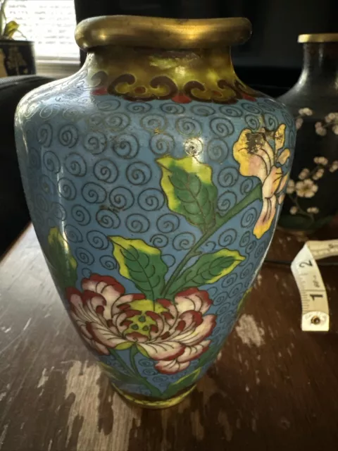 6.5 Inches Tall Chinese Antique Cloisonne Enamel Brass Blue Floral Vase