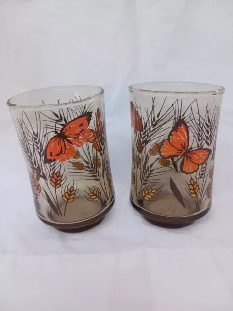 Vintage Set of 2 Libbey Monarch Butterfly / Wheat Juice Glasses Amber 3 5/8”