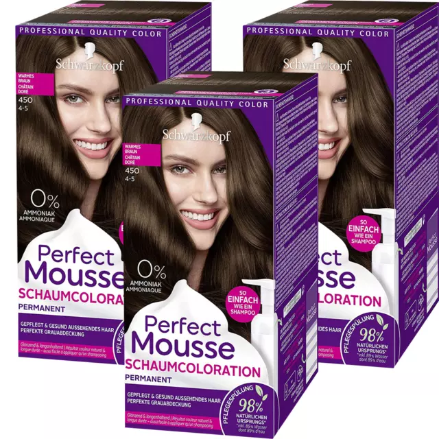 3 X Schwarzkopf Perfect Mousse Permanente de Coloration 450/4-5 Chauffant Braun