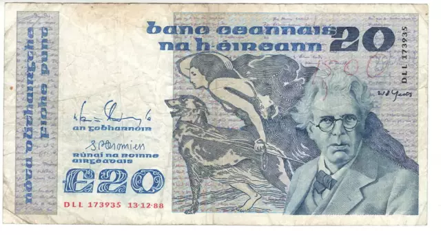 Republic of IRELAND ÉIRE £20 Pounds / Punt VF Banknote (1988) P-73c Prefix DLL