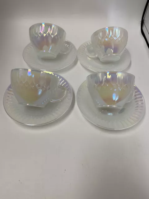 Vintage Federal Glass Moonglow Diamond Point Iridescent  Tea Cup Saucer 8pc Set