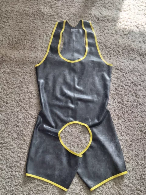 Mens gay rubber hero suit singlet black and yellow REGULATION - size LARGE
