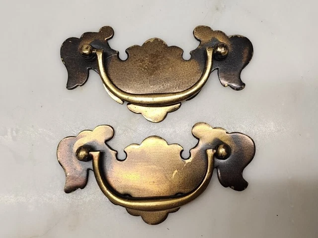 2 Vintage 1960s Chippendale Batwing Design Brass W. Drawer Bail Pull Handle
