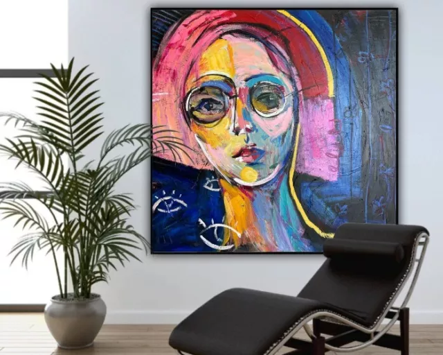 40x40"Original Colorful Acrylic Painting Abstract Woman | WOMAN WITH GLASSES