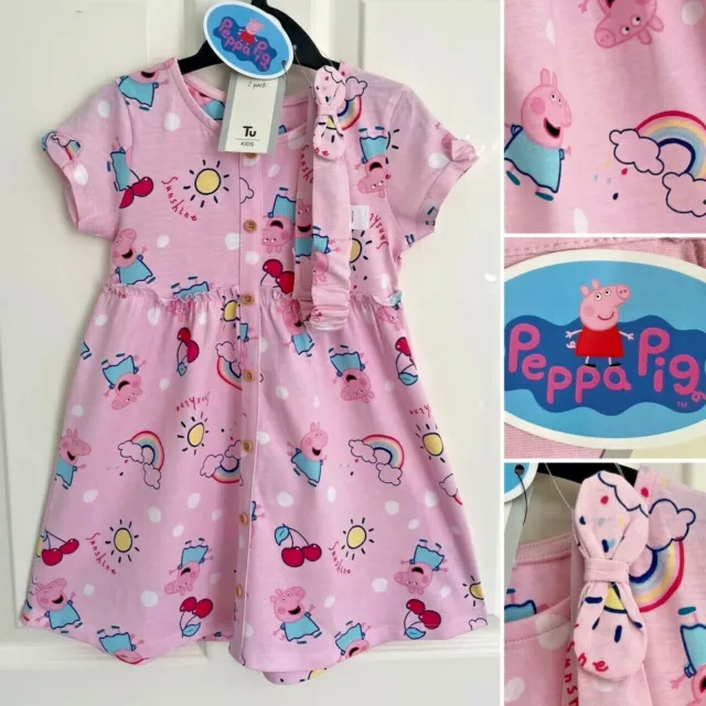 Tu PEPPA PIG Girls Pink Cotton Dress & Headband Set Outfit - 2-3 Years - New!