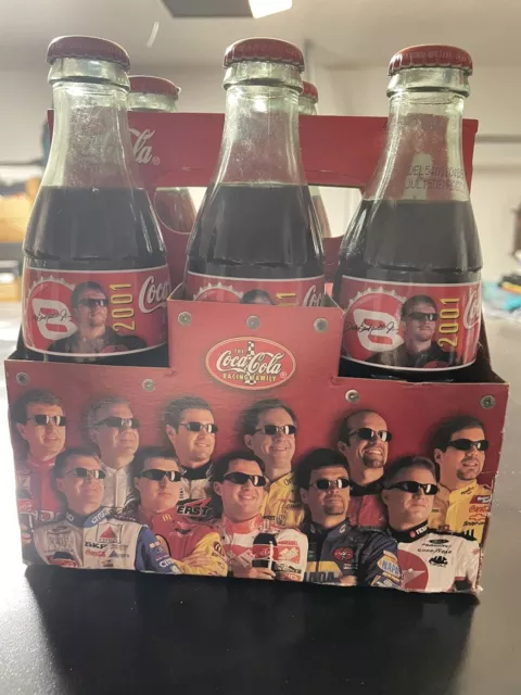 Dale Earnhardt JR 2001 - 5 Coca Bottles plus 6 pack holder Full Coke 8oz Bottles