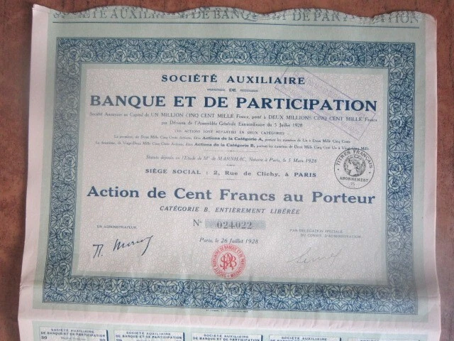 ACTION "STE AUXILIAIRE de BANQUE et de PARTICIPATIONS" PARIS 1928