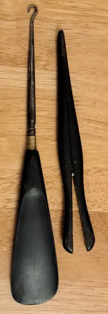Antique Ebony Shoehorn/Button Hook and Ebony Glove Stretcher, Made in England.