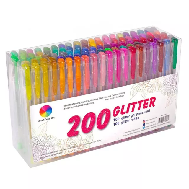 200 Pack Glitter Gel Pens Set, Smart Color Art 100 Colors Gel Pens with 100 R...