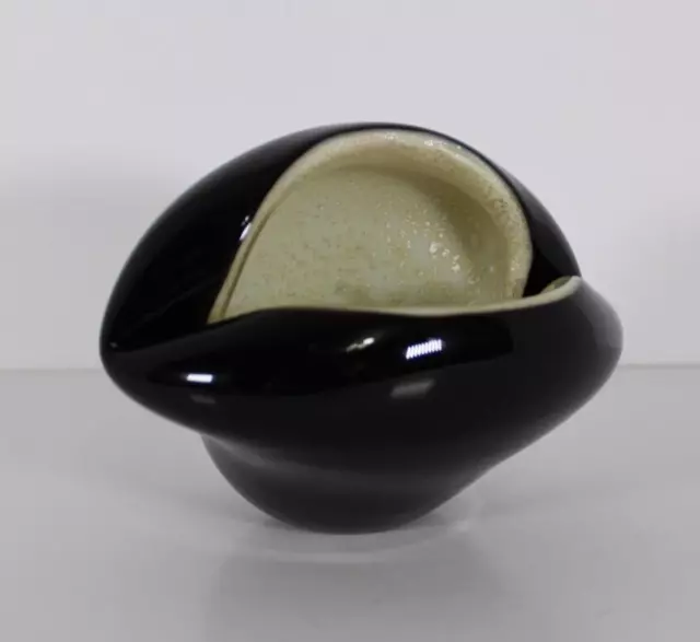 AVEM Murano Glass Clam Vase Black & White w/ Silver Leaf 1950s HARD TO FIND!