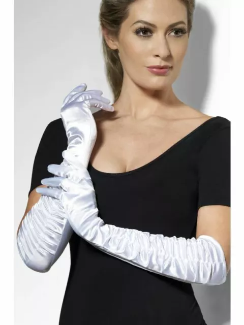 Sexy Satén Largo Noche Codo Guantes 20S Flapper Burlesque para Damas Blanco